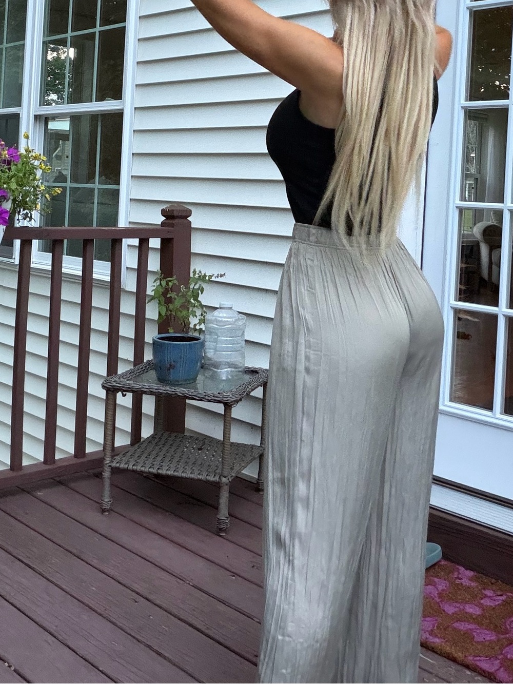 Women's High-Waist Pleated Satin palazzo wide leg pant mint sage green sz small